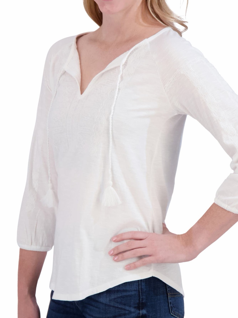 NWT Women’s White V-Neck Tassel Peasant Top, Lucky Brand